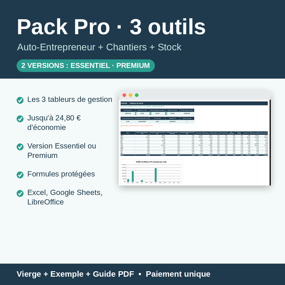 Pack Pro — Auto-Entrepreneur + Chantiers + Stock